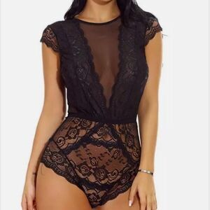 Sexy Lingerie Short Sleeve Black Sheer Mesh Lace T